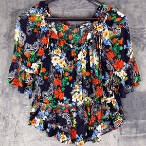 Marissa Webb Blouse Womens Small Navy Floral Silk Ruffle Peplum Boho MRW42_S